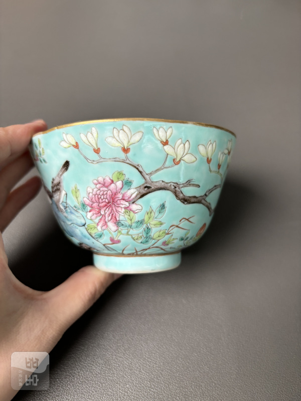 清光绪 松石绿地粉彩花鸟纹杯 - 图4